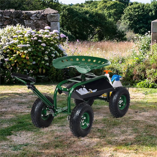 Costway Green & Black Garden Cart Rolling Work Seat with Tray Basket Extendable Handle